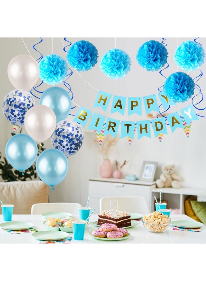 Mordely Blue Birthday Decorations Kit - HAPPY BIRTHDAY Banner, Spiral Charm, Paper Flower Ball and Balloons for Boys and Gilrs Birthday Party - Image 4